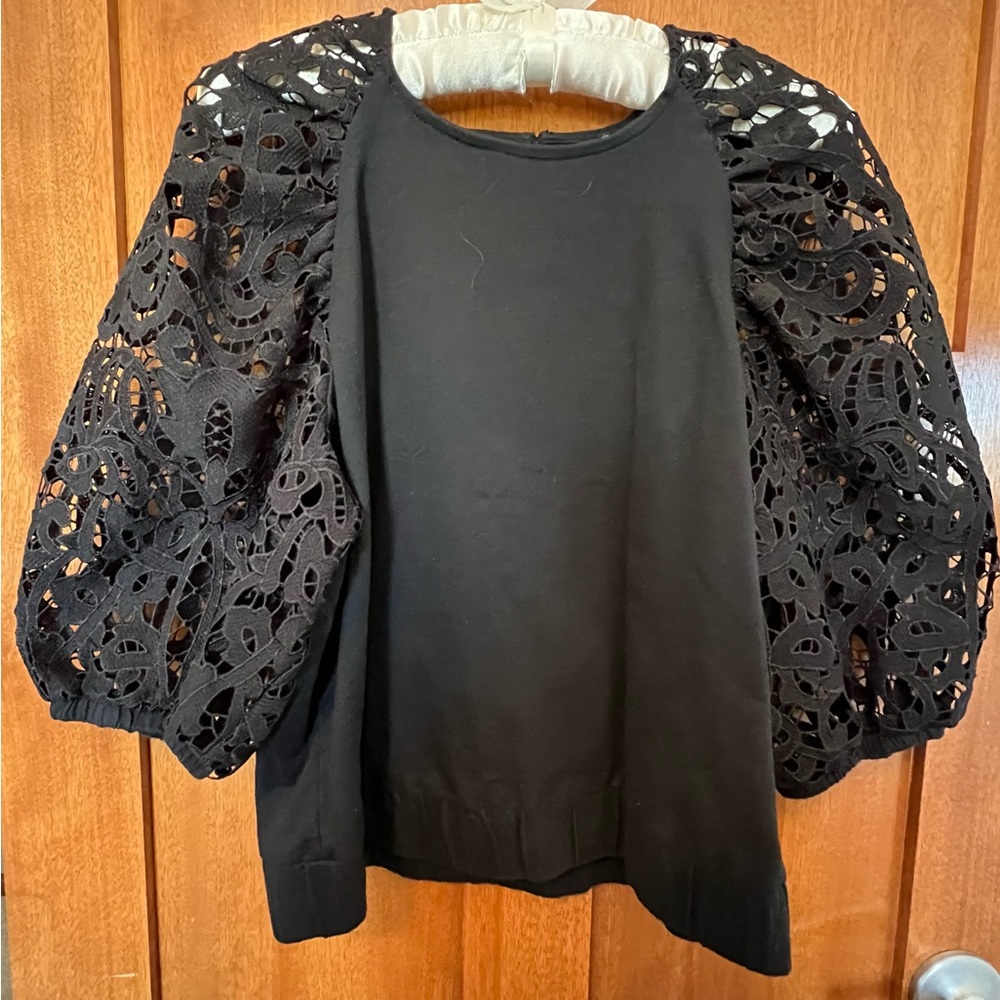 Black cotton blouse with lace detail sleeves